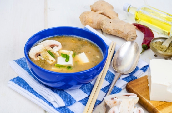 Vegetarian miso soup with tofu and mushrooms.